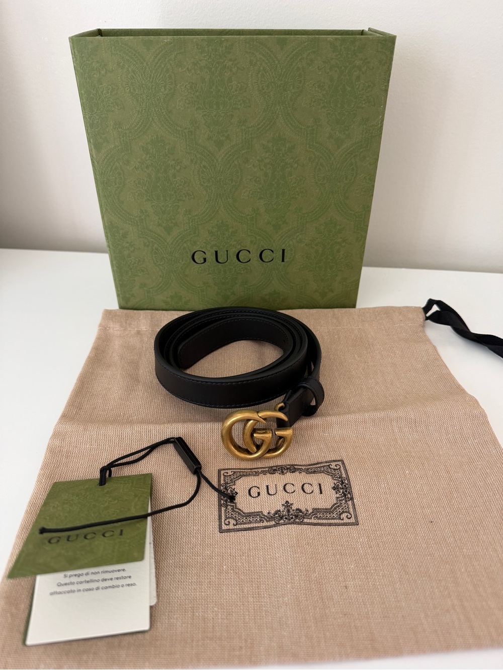 Gucci Black Leather Belt with Antique Gold Double G Buckle